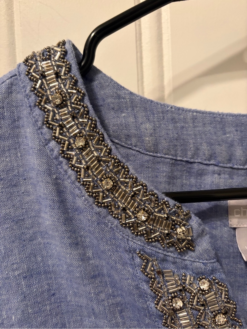 Chico’s Blue Linen Blend Embellished Beaded Tunic Dress Top Size 2 Boho Resort - Picture 4 of 14
